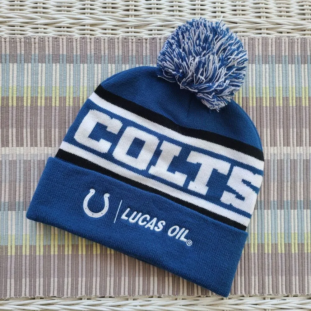 Indianapolis Colts NFL Lucas Oil Beanie Knit Cap With Pom Horseshoe Blue & White